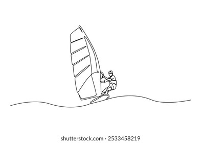 windsurf esporte contínuo um desenho de linha. Ilustração de arte de uma única linha de prancha de surf de corrida de atleta. Vetor editável.