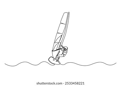 windsurf esporte contínuo um desenho de linha. Ilustração de arte de uma única linha de prancha de surf de corrida de atleta. Vetor editável.