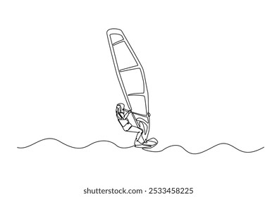 windsurf esporte contínuo um desenho de linha. Ilustração de arte de uma única linha de prancha de surf de corrida de atleta. Vetor editável.