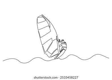 windsurf esporte contínuo um desenho de linha. Ilustração de arte de uma única linha de prancha de surf de corrida de atleta. Vetor editável.