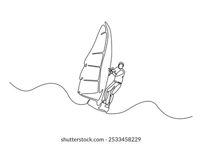 windsurf esporte contínuo um desenho de linha. Ilustração de arte de uma única linha de prancha de surf de corrida de atleta. Vetor editável.