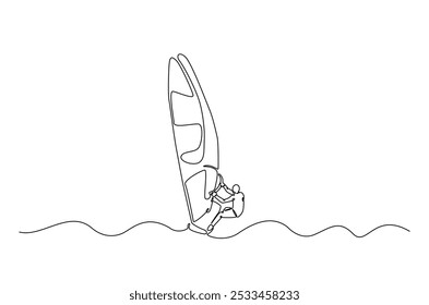 windsurf esporte contínuo um desenho de linha. Ilustração de arte de uma única linha de prancha de surf de corrida de atleta. Vetor editável.