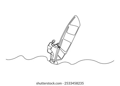 windsurf esporte contínuo um desenho de linha. Ilustração de arte de uma única linha de prancha de surf de corrida de atleta. Vetor editável.