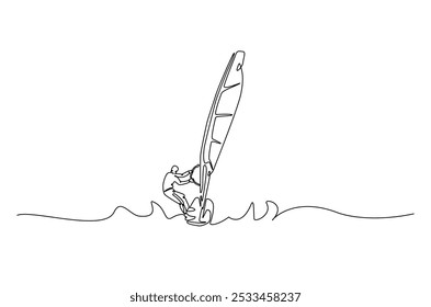 windsurfing sport continuous one line drawing. Single line art illustration of windsurfing athlete ride surfboard. Editable vector.