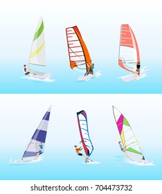 Windsurfing sport set. Silhouettes of people with different colorful surfboards.