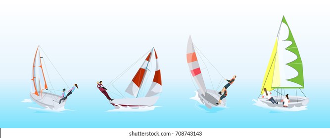 Windsurfing sport set. Silhouettes of people with different colorful surfboards.