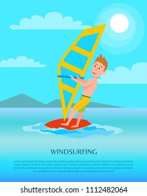 Windsurfing summer activity poster, male with surfboard holds sail, excited man in seasonal sport, cartoon vector illustration banner at coastline.