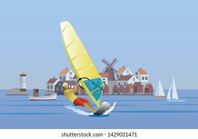 Windsurfing in the Swedish archipelago. Vector Illustration