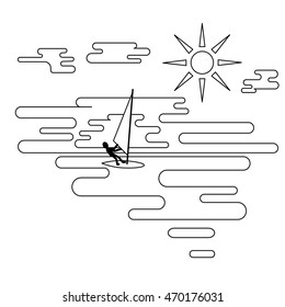 Windsurfing, thin line, boardsailing. Vector. Black silhouette of windsurfer.