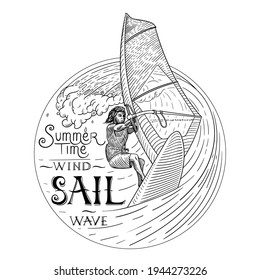 Windsurfing vector icon. black and white illustration, with an inscription. surfer on the wave