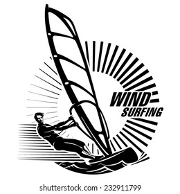 Windsurfing. Vector illustration in the engraving style