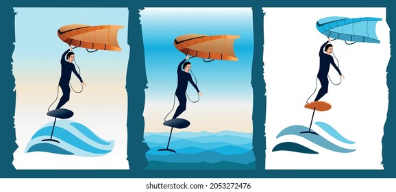 Windsurf. Ilustración vectorial. Surfista en una tabla especial con hidroala con una vela hinchable portátil Wing