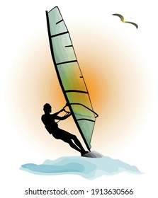 Windsurfing. Vector illustration in watercolor style