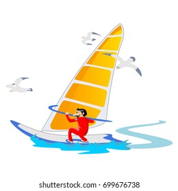Windsurfing water extreme sports, isolated design element for summer vacation activity concept, cartoon wave surfing, sea beach vector illustration, active lifestyle adventure