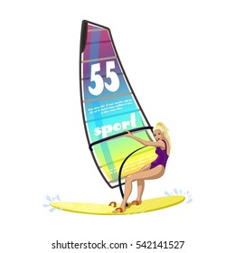 Windsurfing water sports on the ocean waves. Girl on a surfboard. Sports competition in windsurfing, and fun for the soul. Vector illustration.