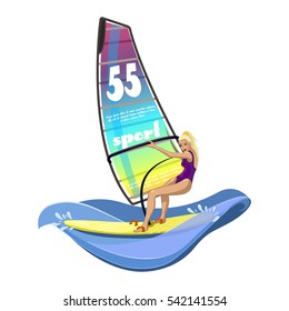 Windsurfing water sports on the ocean waves. Girl on a surfboard. Sports competition in windsurfing, and fun for the soul. Vector illustration.
