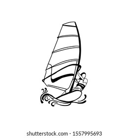 Windsurfing and windsurfer on waves, Hand drawn sketch, Extreme and water beach sports, vector design.
