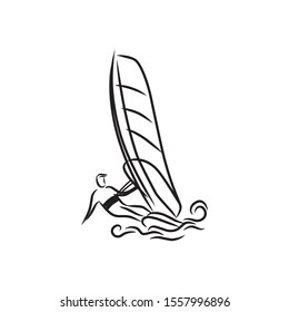 Windsurfing and windsurfer on waves, Hand drawn sketch, Extreme and water beach sports, vector design.

