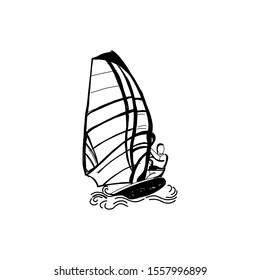 Windsurfing and windsurfer on waves, Hand drawn sketch, Extreme and water beach sports, vector design.
