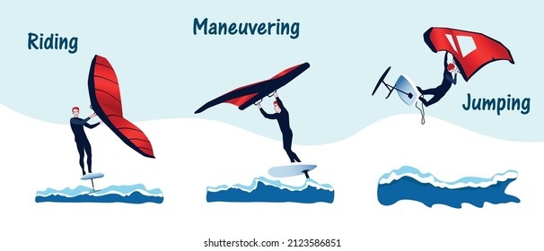 Windsurfing. Wing Foiling with hydrofoil and a special wing - handheld inflatable sail. Vector illustration