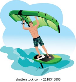 Windsurfing. Wing Foiling with hydrofoil. Vector illustration