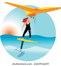 Windsurfing. Wing Foiling with hydrofoil. Vector illustration