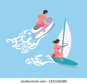 Windsurfing woman and driving on water bike man, back view of people in sea, female surfing and male going on jetski, summer activity and waves vector