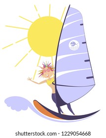 Windsurfing woman illustration. Sunny day, big wave and smiling woman rids on the windsurfing boat
