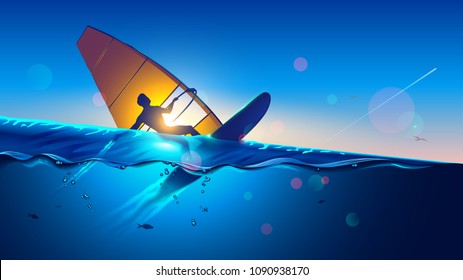 Windsurfing. Young man on wind surfing board flying at waves and touching water surface. Windsurfer on sea landscape. Extreme sport.