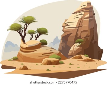 Eine Wüste mit hohen Sanddünen, felsigen Ausbrüchen und spärlicher Vegetation