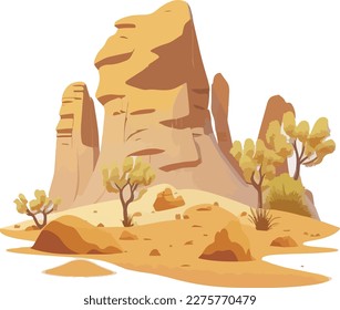 A windswept desert with towering sand dunes, rocky outcroppings, and sparse vegetation