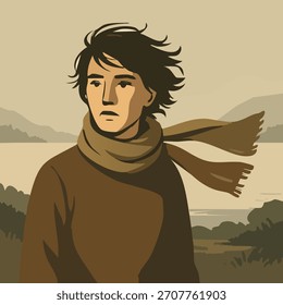 Figura azotada por el viento en el lago