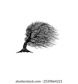 Ilustración vectorial de siluetas de árbol barridas por el viento. Símbolo del árbol de la resiliencia para el logotipo o el icono en la tarjeta de visita, volante, Anuncio, cartel.