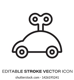 Wind-up car line icon. Outline symbol of mechanical toys. Editable stroke flat vector illustration.