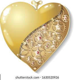 Wind-up mechanical trinket in the form of a hollow gold heart. Vector illustration.