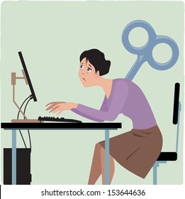 Wind-up overworked female employee working on the computer, giant key sticking into her back, vector illustration