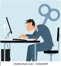 Wind-up overworked male employee working on the computer, giant key sticking into his back, vector illustration