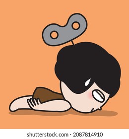 The Wind-Up Tired Exhausted Girl are Lying On floor Concept Card Character illustration