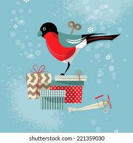 Wind-up toy bullfinch and gifts. Happy holidays. Vector illustration.