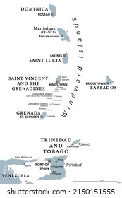 Windward Islands, Gray Political Map. Islands Of Lesser Antilles, South Of Leeward Islands In The Caribbean Sea. From Dominica, Martinique, Saint Lucia, Saint Vincent And The Grenadines, To Grenada.