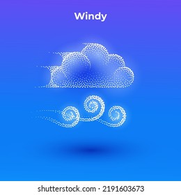 Windy 3d icon with transparent effect. Halftone weather simple icon with minimalistic cloud and wind curls shape.  Dots textured cloud and wind illustration.