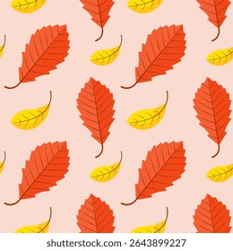Windy autumn leaves seamless pattern in red and yellow. Cozy fall foliage for seasonal modern design.