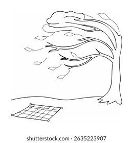 Windy day black and white outline of a tree and picnic blanket on the ground