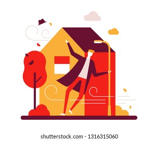Windy day - colorful flat design style illustration on white background. Bright composition with a boy holding on a street lantern not to be blown. Weather types, seasonal concept