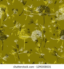 windy day dandelion seamless repeat, on mustard green background - Vector.