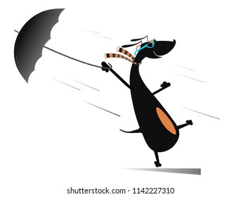 Windy day and a dog illustration. Dog holding an umbrella gone with the wind isolated on white illustration vector
