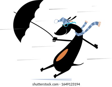 Windy day and a dog with umbrella illustration. Cartoon dachshund with an umbrella stands on the strong wind isolated on white illustration