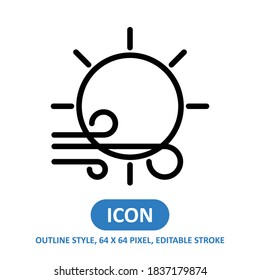 windy day line style vector icon on white background. weather vector illustration. Editable Stroke. 64 x 64 pixels. Simple modern design.
