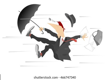 Windy day. Man caught up by the wind, is trying to keep the umbrella and bag