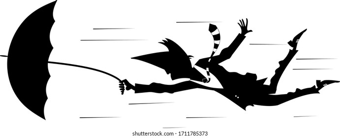 Windy day and man flies with umbrella illustration. Man with an umbrella gone with the wind silhouette black on white
